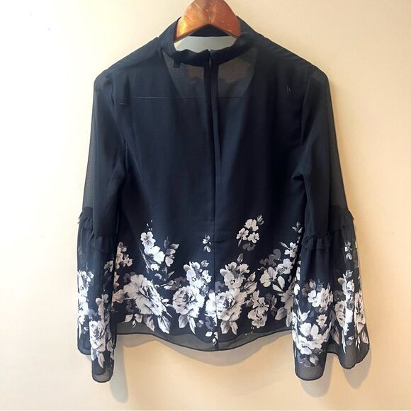 White House Black Market Black and White Floral Choker Blouse - Picture 3 of 9